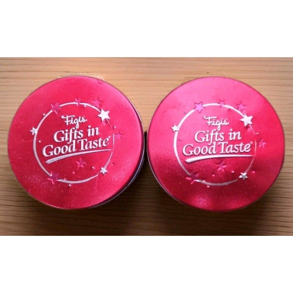 2 Vintage Figis Metal Round Christmas Candy Tins Red Lids "Gifts In Good Taste"